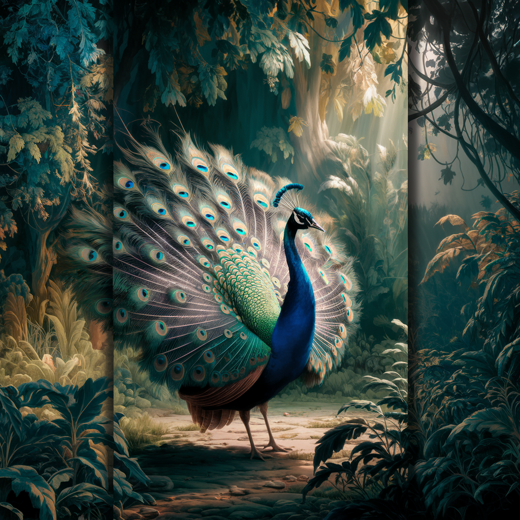 AI Image Prompt: A stunning peacock mid-dance with feathers fully fanned out in vibrant blues and greens, set in a lush jungle clearing with sunlight filtering through the dense foliage.